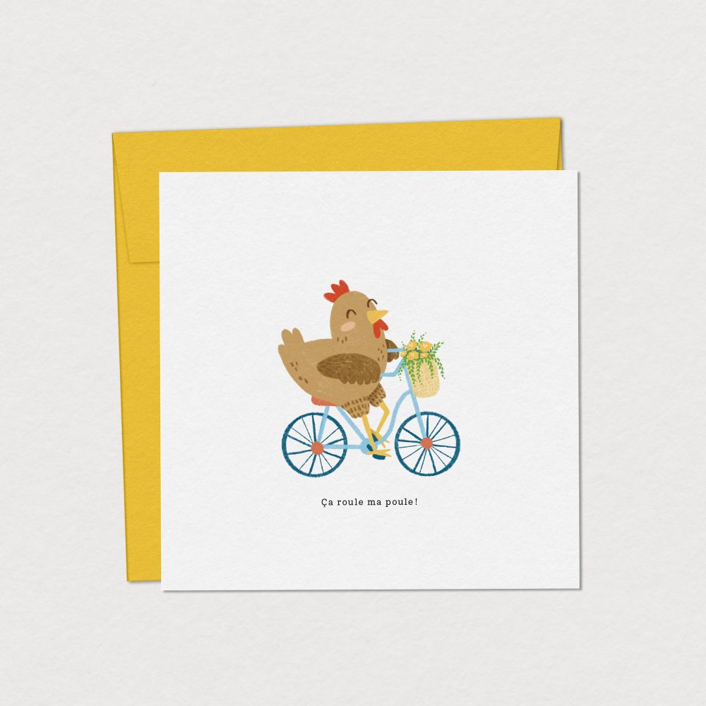 Carte de souhaits - Poulette à bicyclette