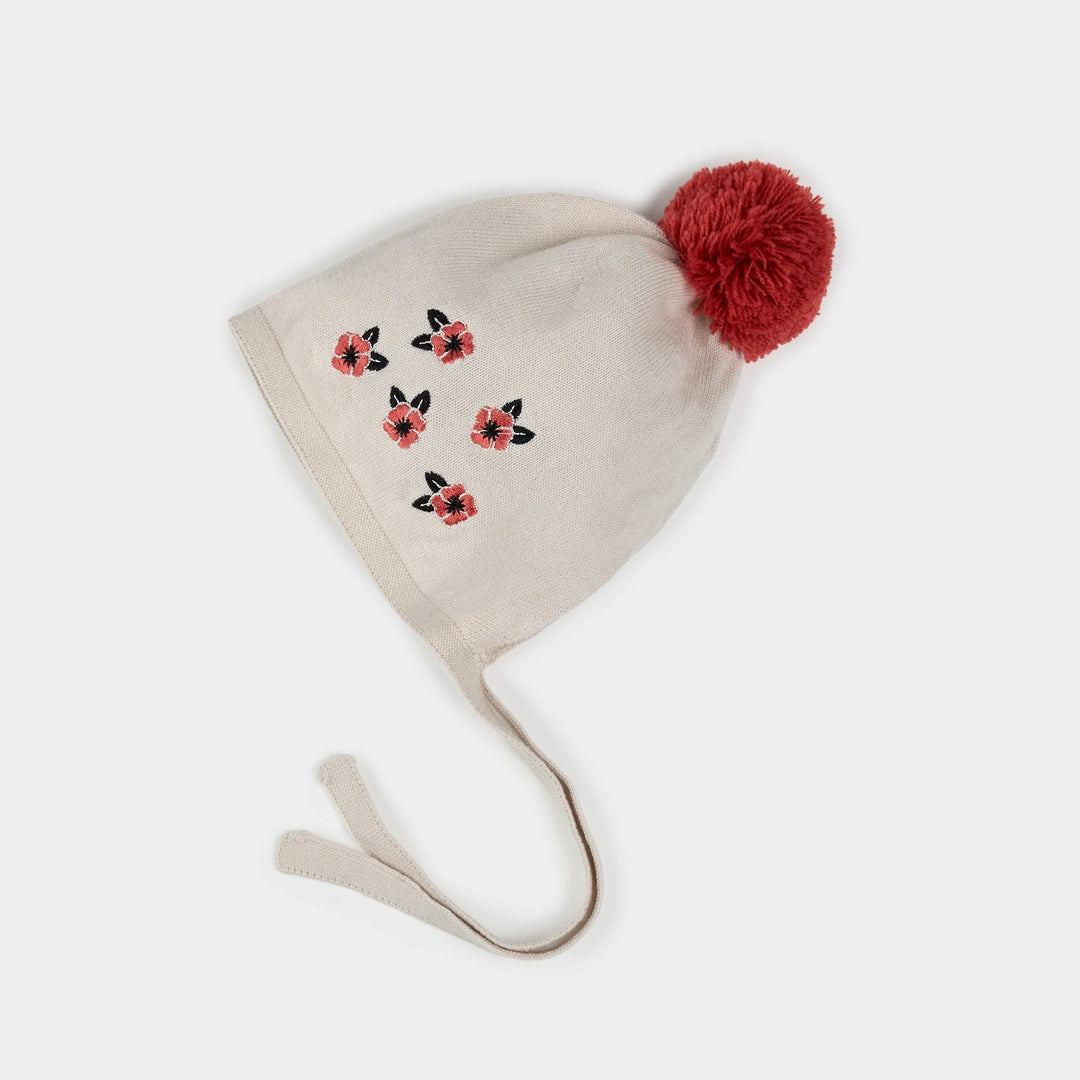 Bonnet en tricot beige imprimé coquelicot