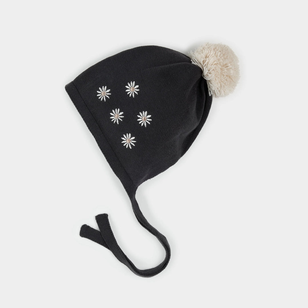 Bonnet en tricot gris foncé imprimé marguerite