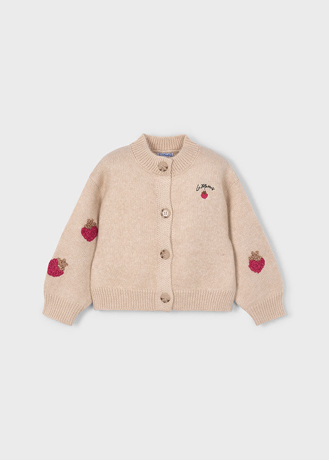Cardigan en tricot sésame avec fraises brodées