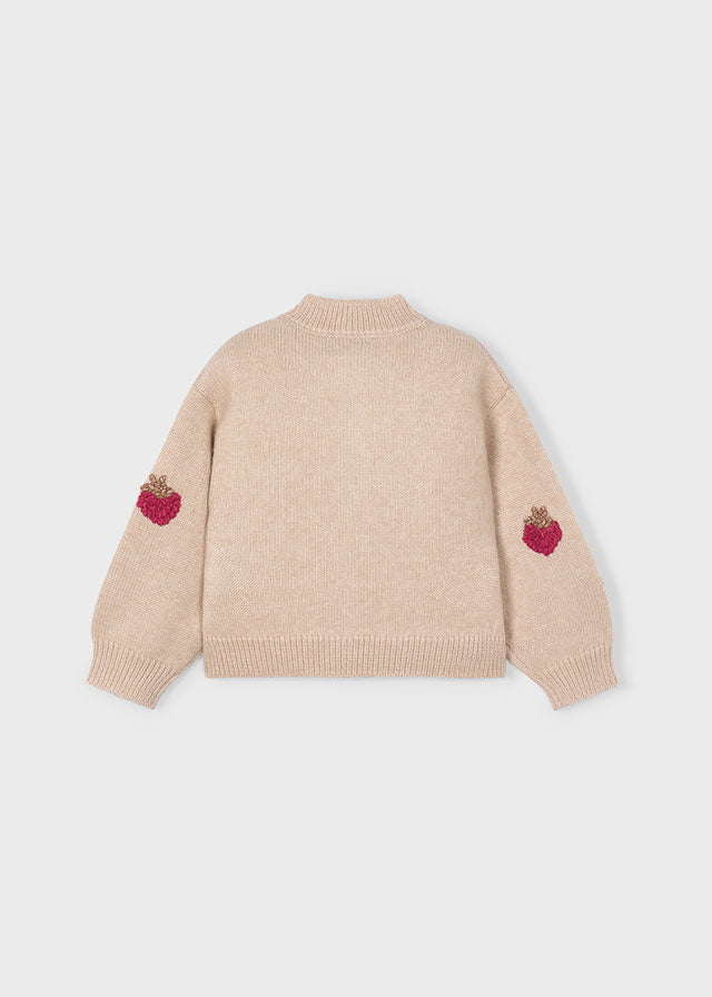 Cardigan en tricot sésame avec fraises brodées