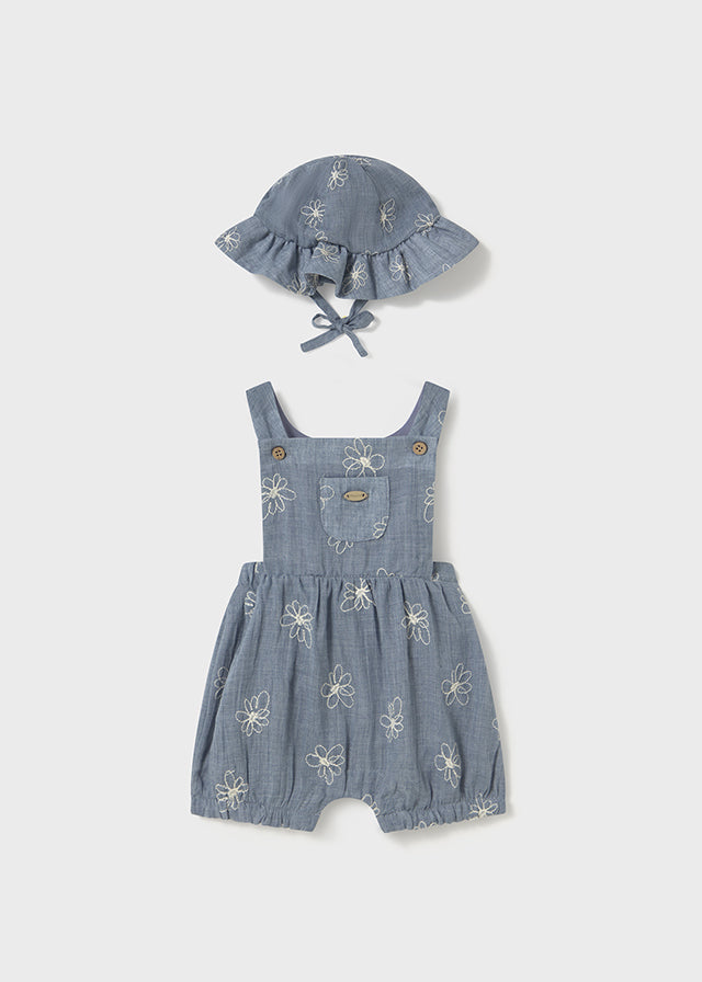 Barboteuse en chambray avec fleurs brodées + chapeau