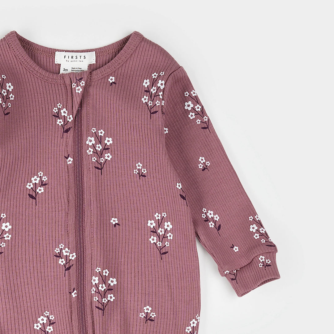 Pyjama une pièce en tricot côtelé Fleurs blanches