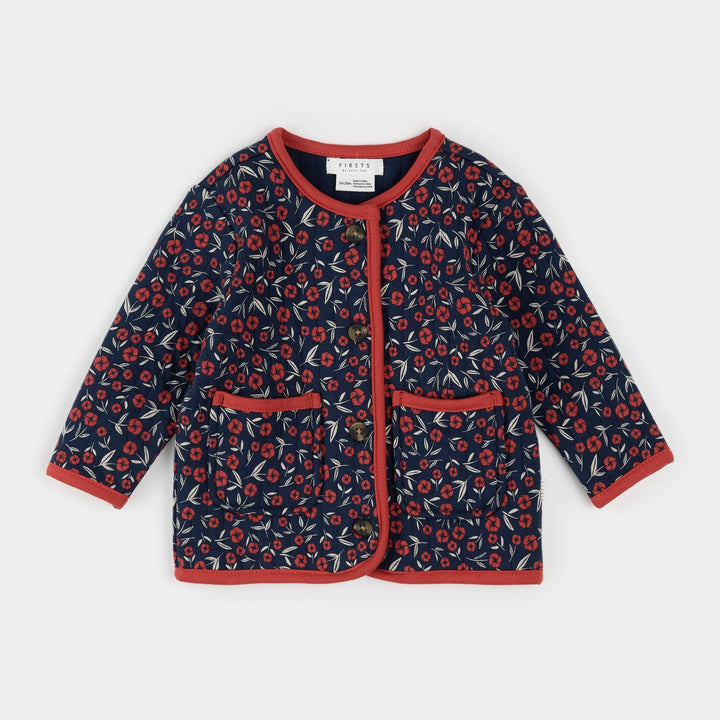 Cardigan matelassé bleu marine à imprimé floral coquelicot