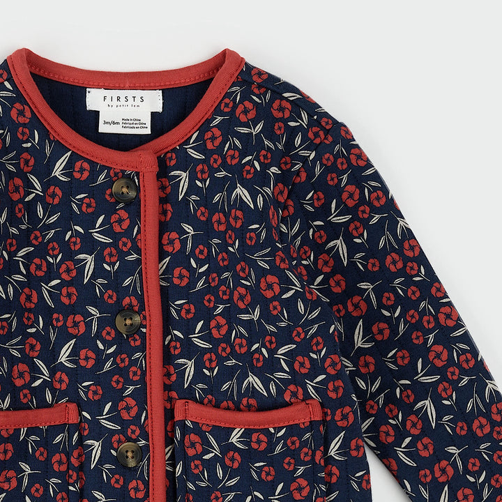 Cardigan matelassé bleu marine à imprimé floral coquelicot