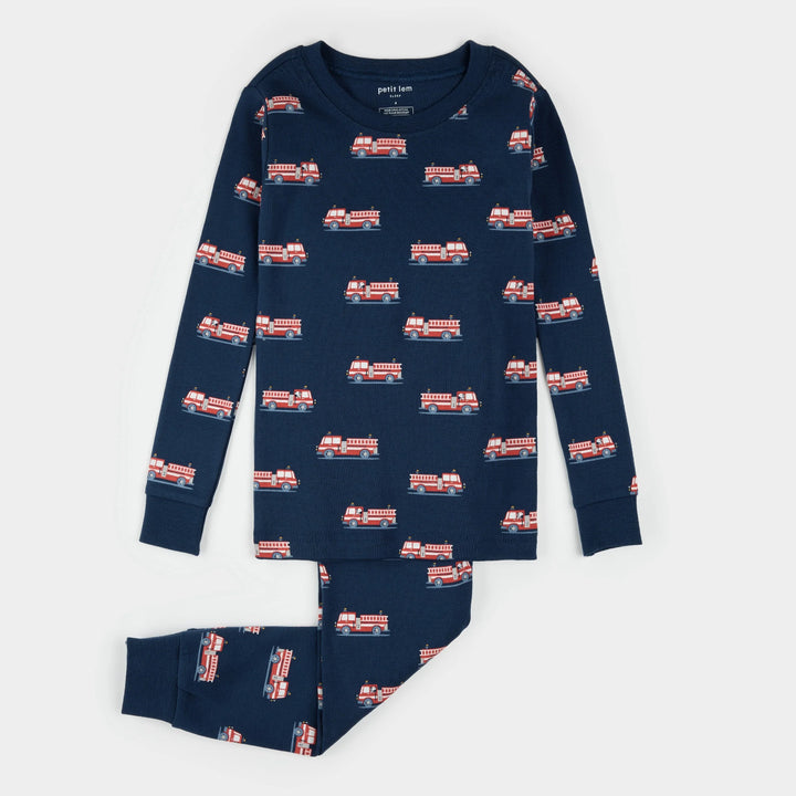 Pyjama deux pièces en tricot côtelé Camions de pompiers