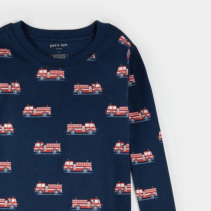 Pyjama deux pièces en tricot côtelé Camions de pompiers