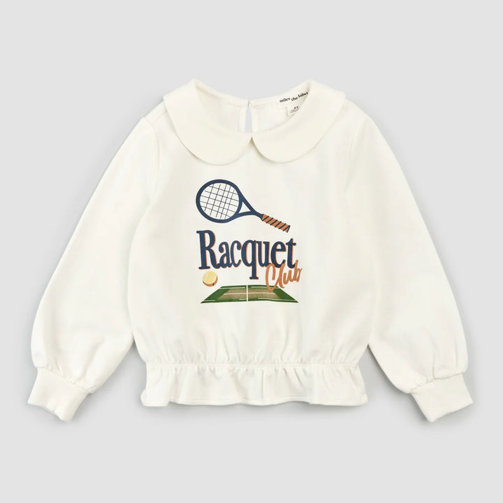Pull à col Claudine blanc cassé à imprimé club de raquette
