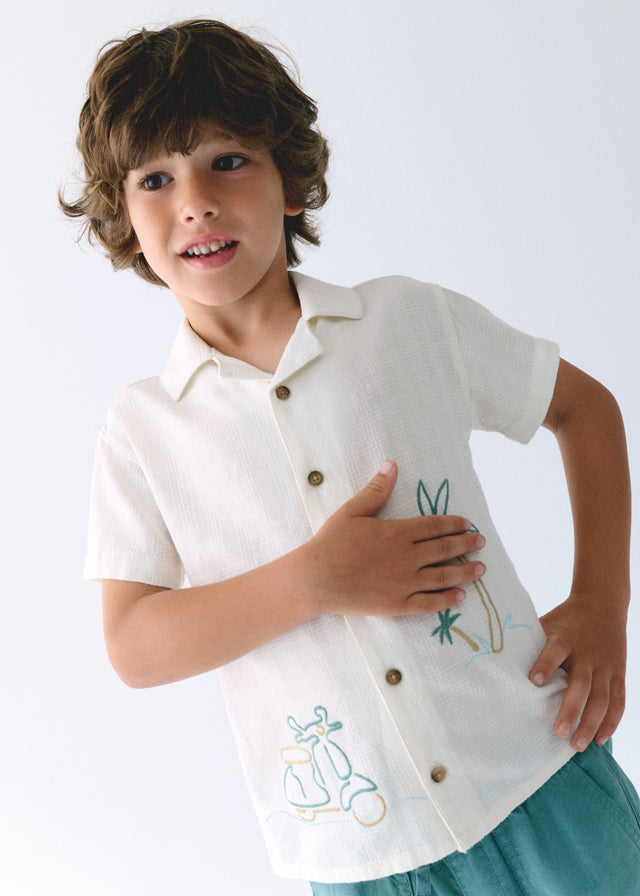 Chemise à manches courtes à broderies de palmiers