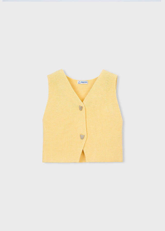 Yellow knitted vest with heart-shaped buttons