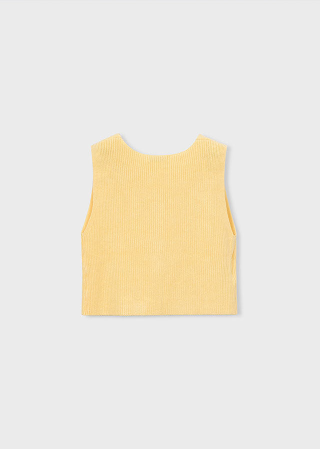 Yellow knitted vest with heart-shaped buttons