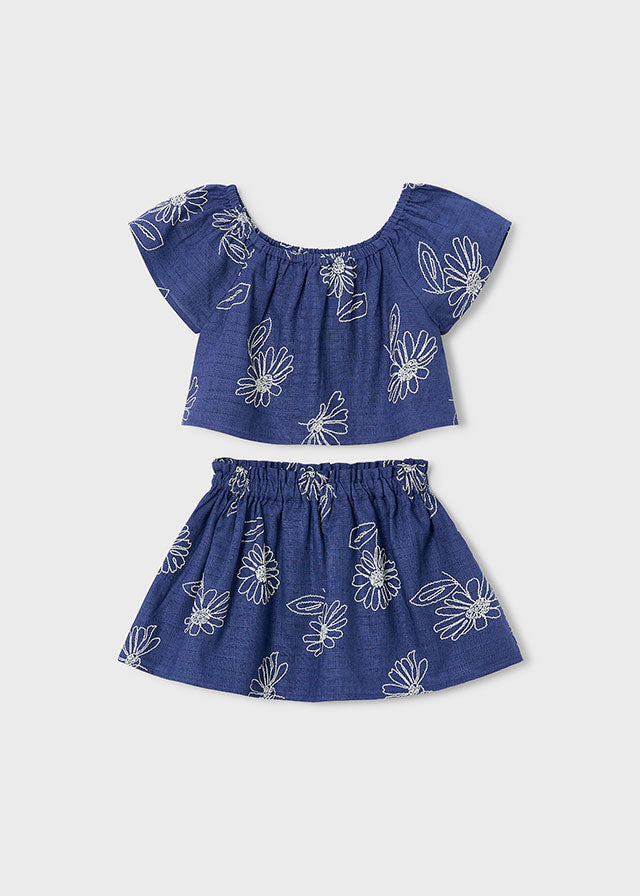 Two-piece set (skirt and top) in printed linen