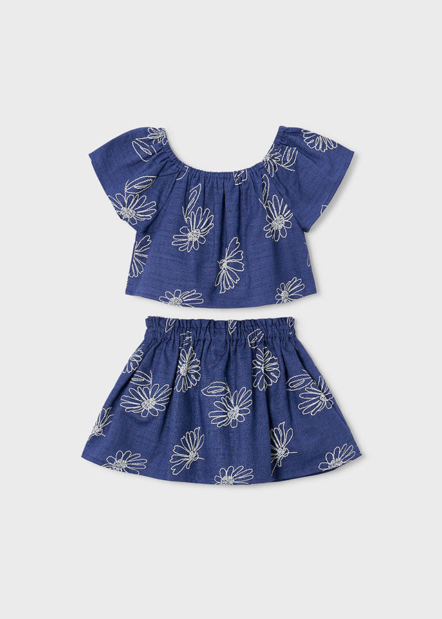 Two-piece set (skirt and top) in printed linen
