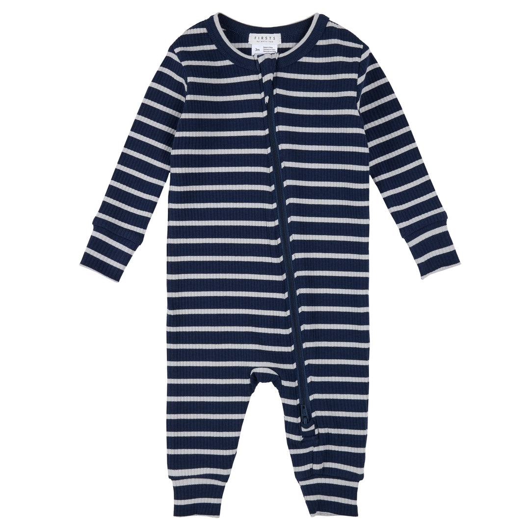 Pyjama une pièce en tricot côtelé à rayures indigo