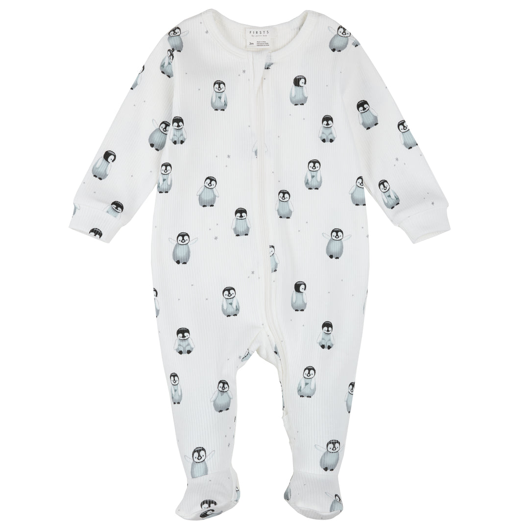 Pyjama une pièce en tricot côtelé à imprimé de pingouins