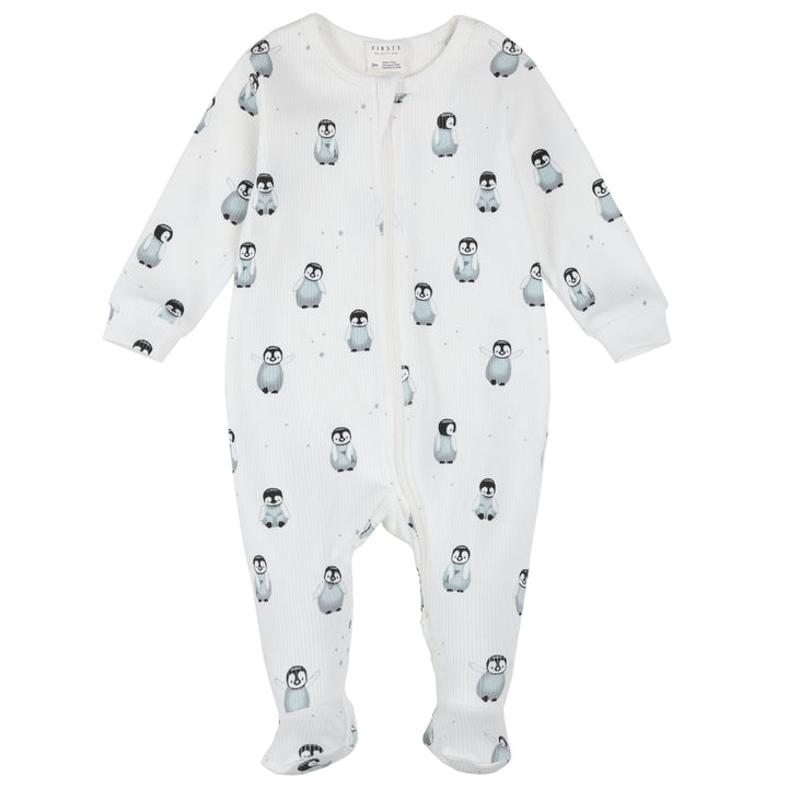 Pyjama une pièce en tricot côtelé à imprimé de pingouins