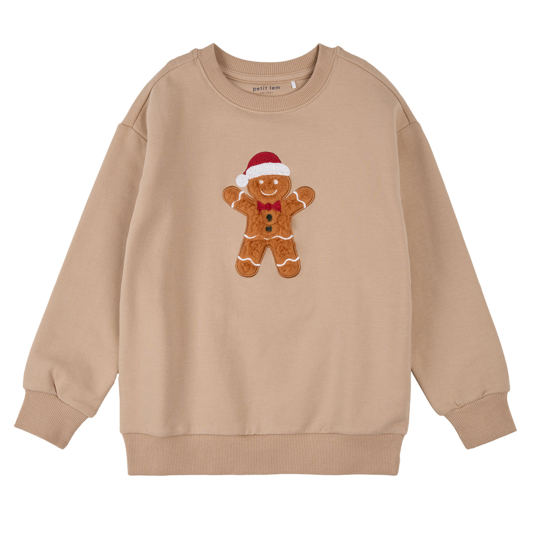 Sweat en molleton taupe à motif bonhomme en pain d'épice