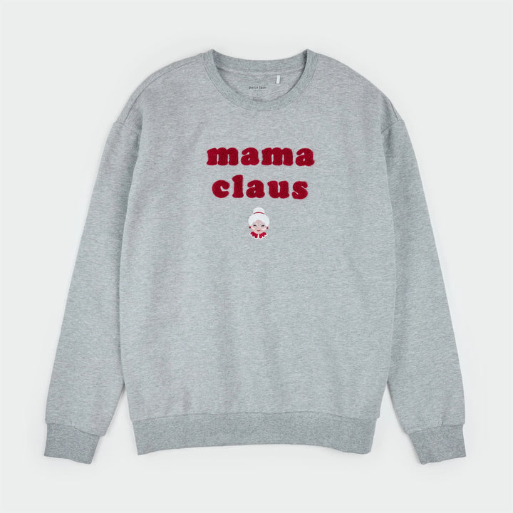 Sweat molletonné gris chiné à motif « Mama Claus » brodé pour femme