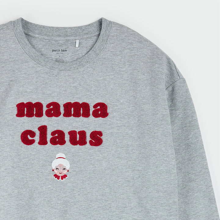 Sweat molletonné gris chiné à motif « Mama Claus » brodé pour femme