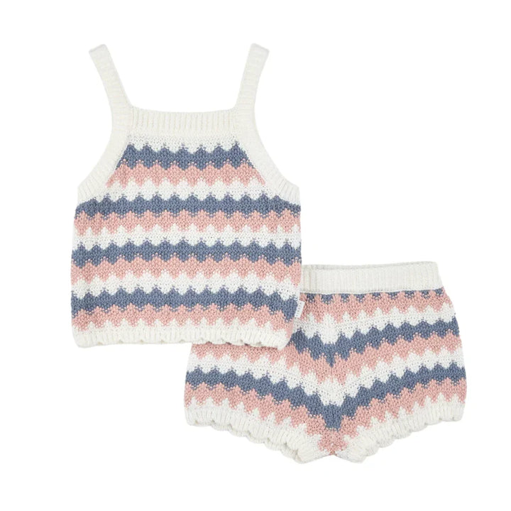 Ensemble deux pièces en tricot à vagues roses, bleues et blanches