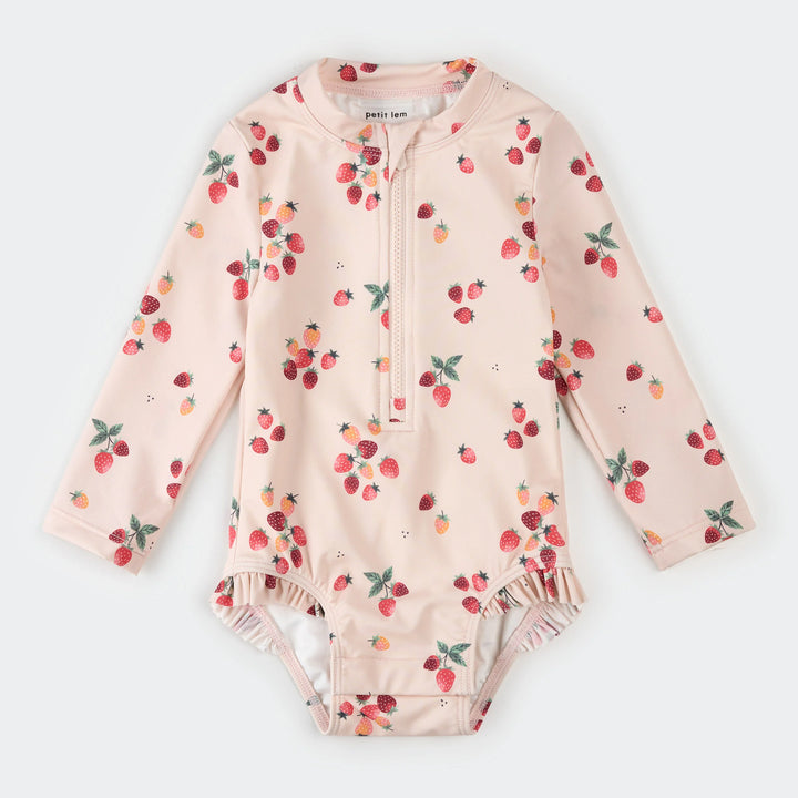 One-piece swimsuit with long sleeves and strawberry print