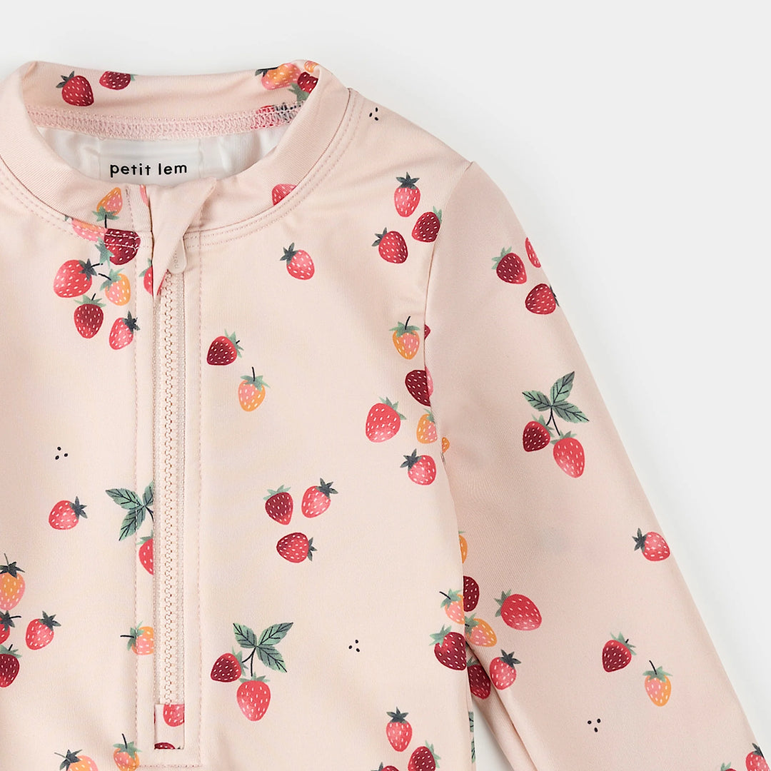 One-piece swimsuit with long sleeves and strawberry print