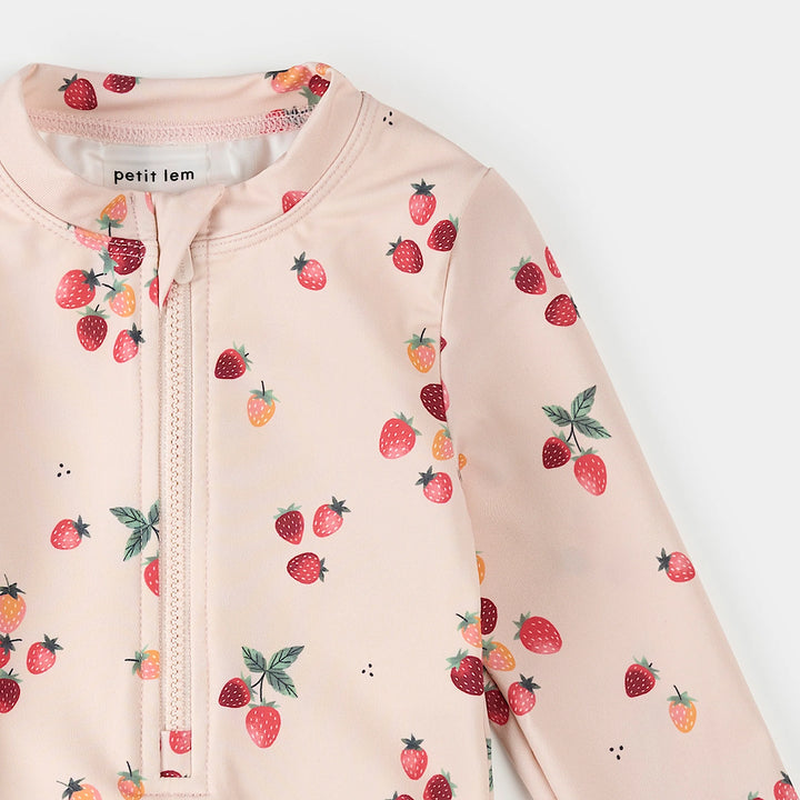 One-piece swimsuit with long sleeves and strawberry print