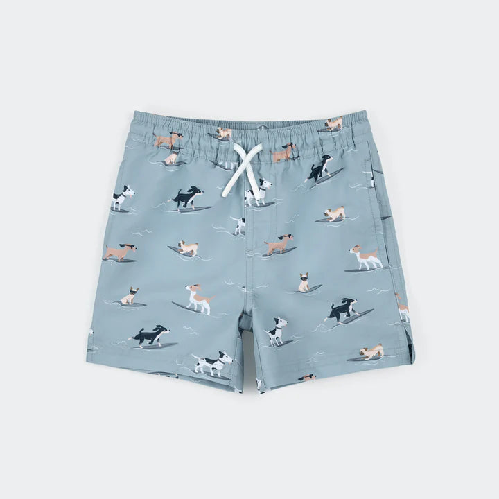 Surfer dog print pool shorts