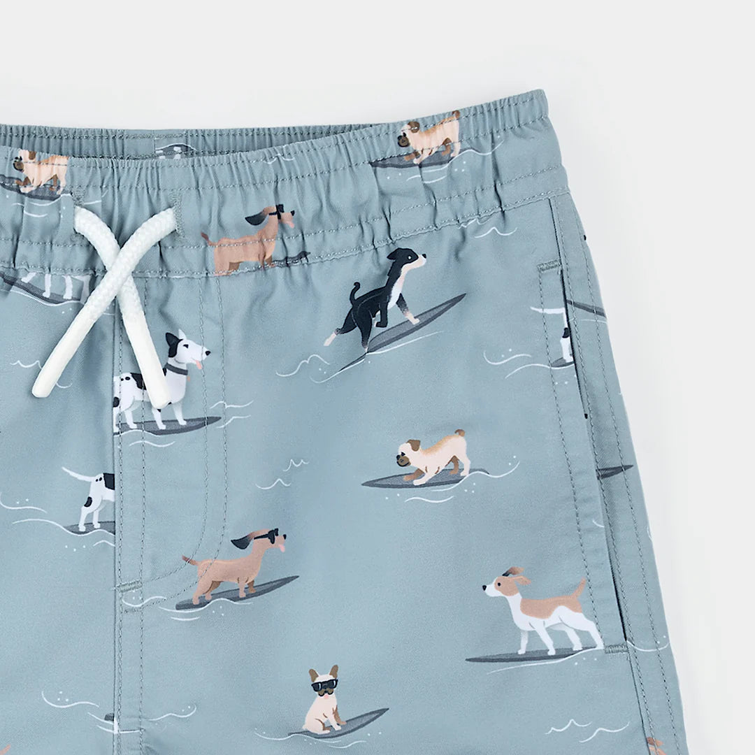 Surfer dog print pool shorts