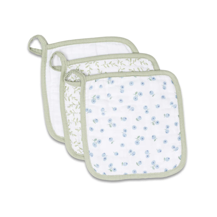 Lot de 3 débarbouillettes en mousseline - Vert/Blanc/Bleuets