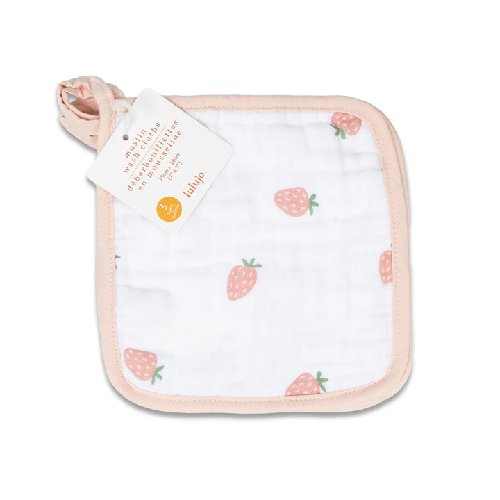 Lot de 3 débarbouillettes en mousseline - Pêches/Blanc/Fraises