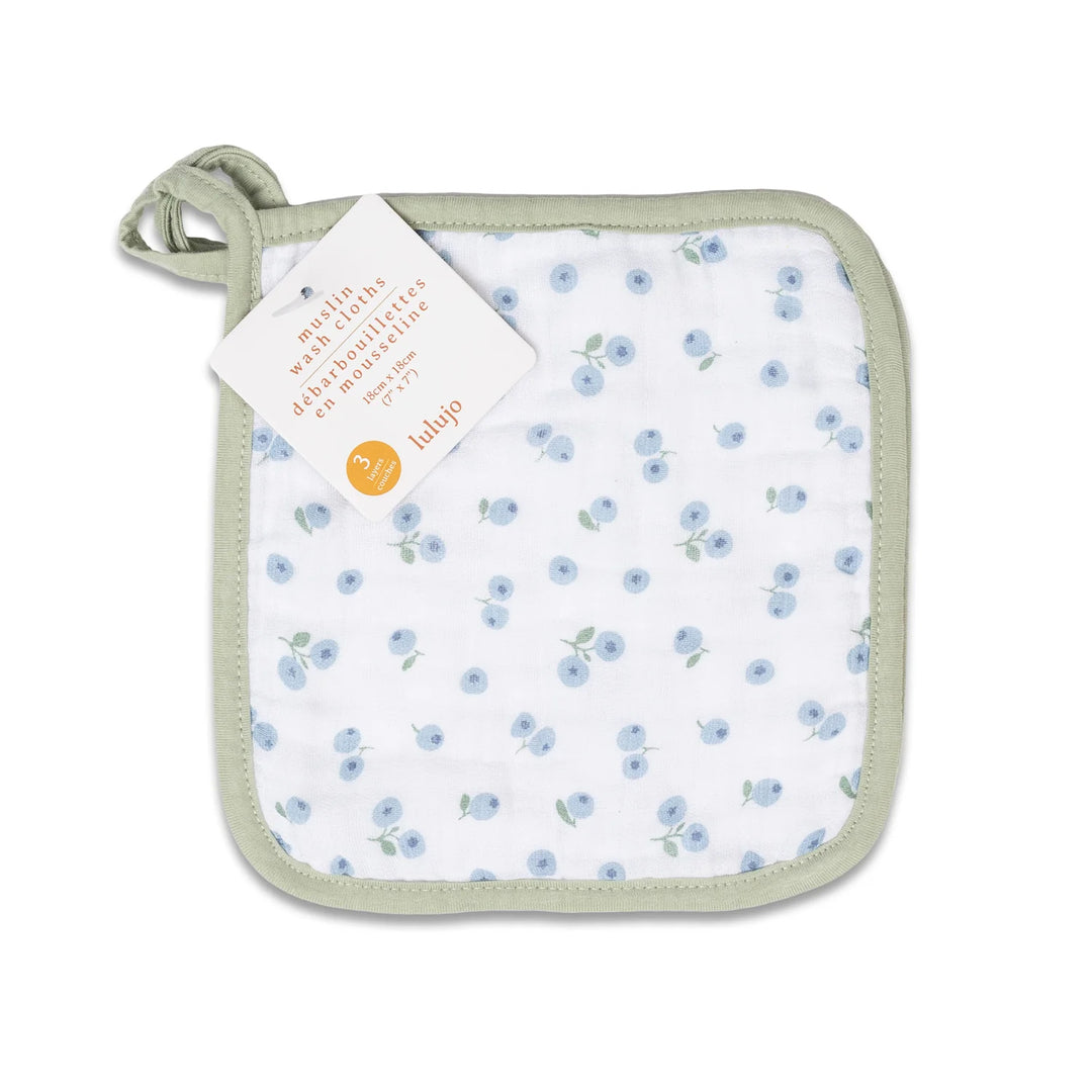 Lot de 3 débarbouillettes en mousseline - Vert/Blanc/Bleuets