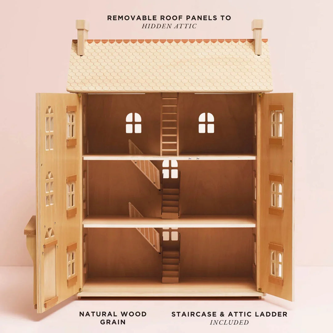 Grande maison de poupée en bois naturel (non meublée)