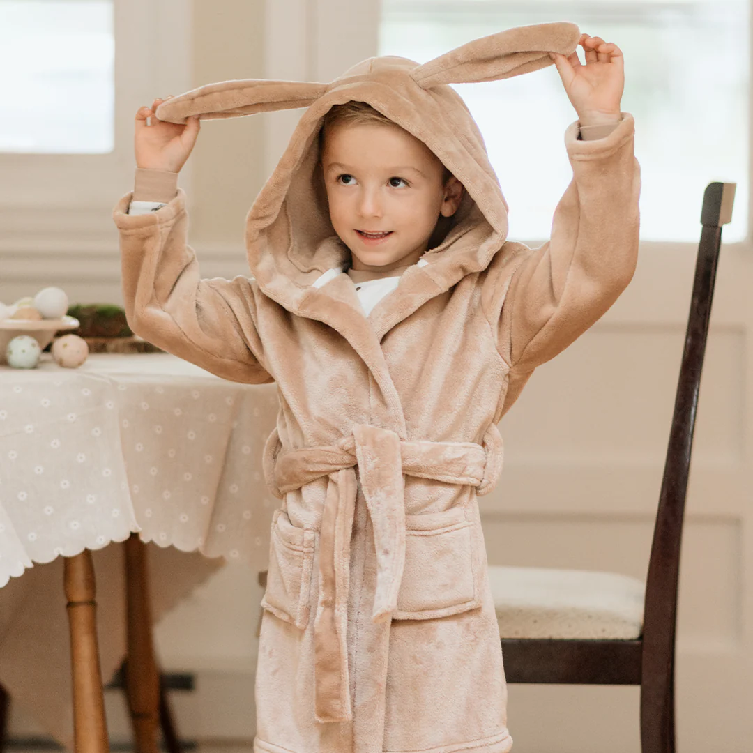 Mocha-colored dressing gown with bunny ear hood
