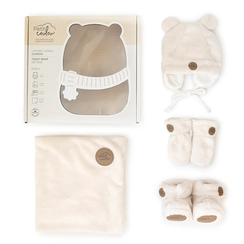 Coffret cadeau Ourson en Minky pour bébé (4 accessoires) - Crème