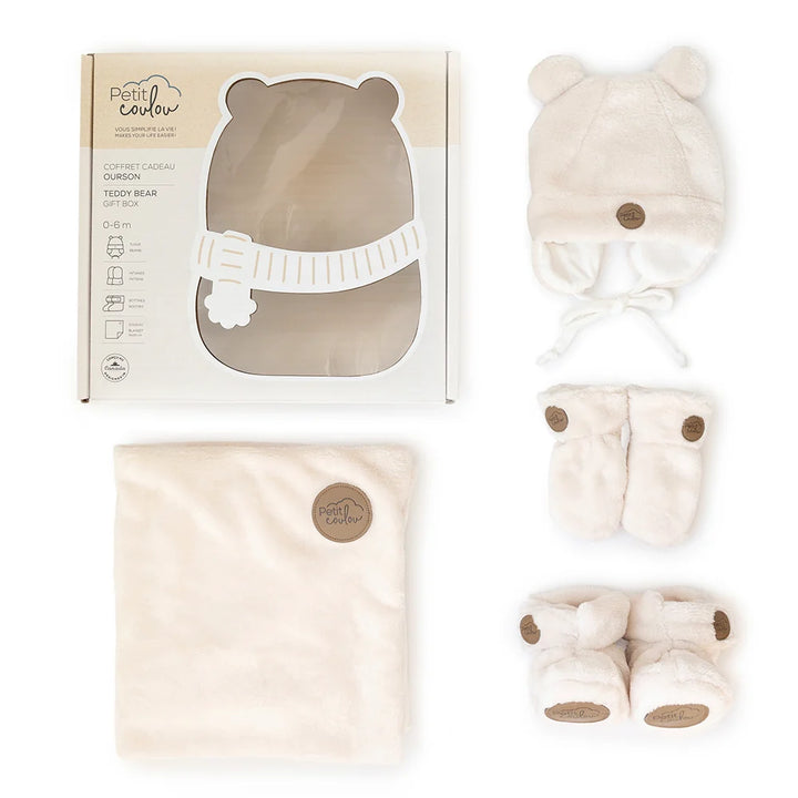 Coffret cadeau Ourson en Minky pour bébé (4 accessoires) - Crème