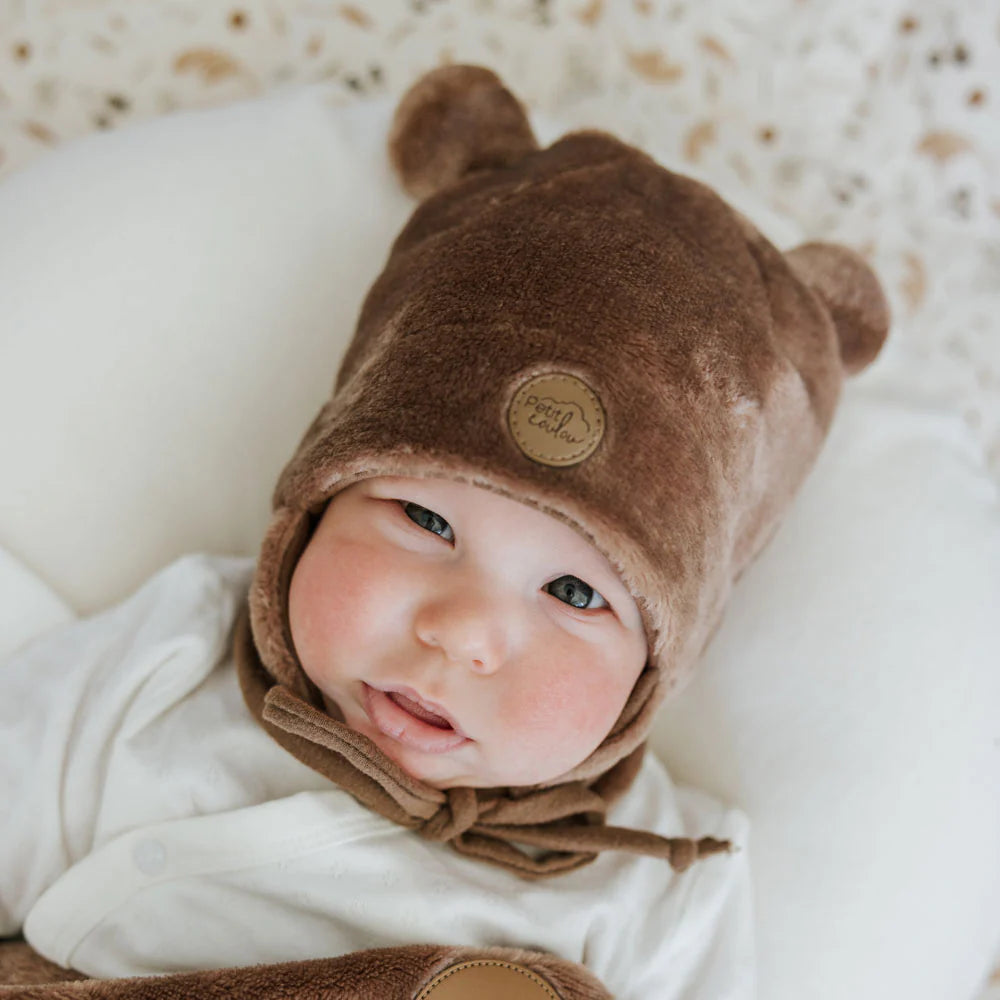 Tuque Ourson pour bébé en Minky - Moka