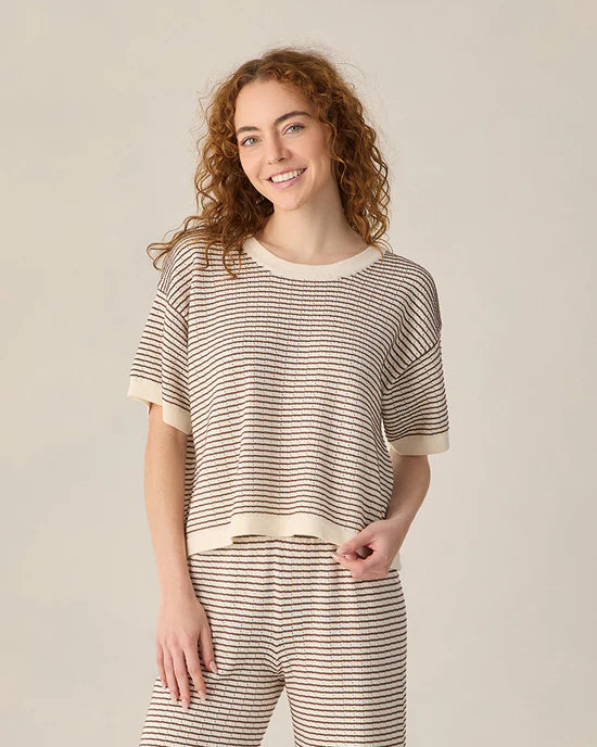 Chandail en tricot court et ample - Rayures chocolat (Femme)
