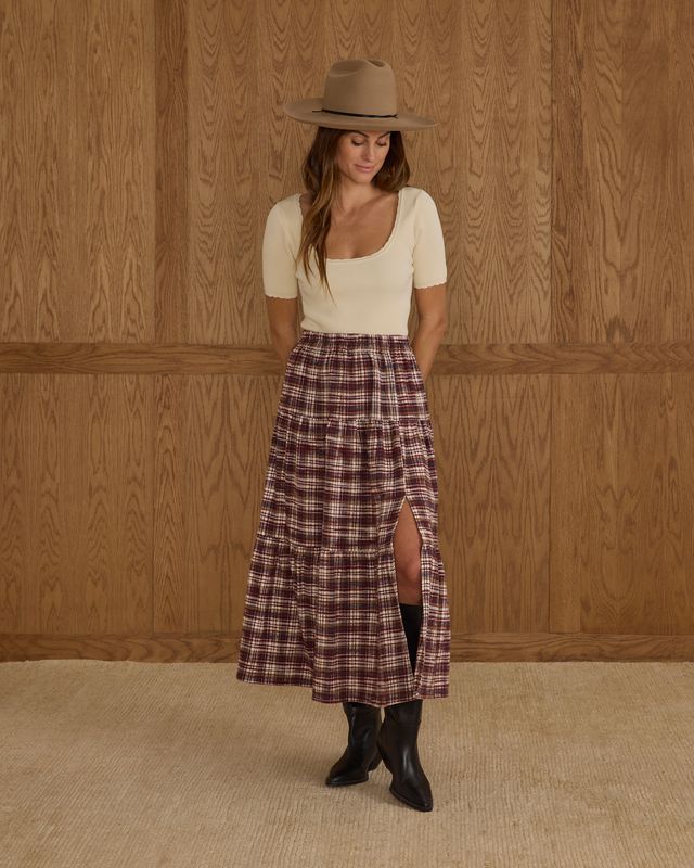 Jupe midi à volants - Burgundy Plaid (Femme)