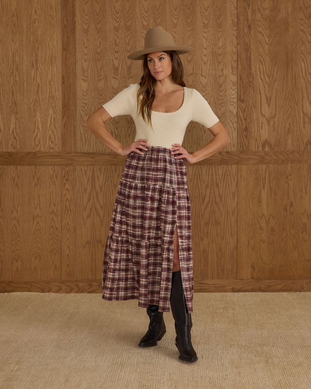 Jupe midi à volants - Burgundy Plaid (Femme)