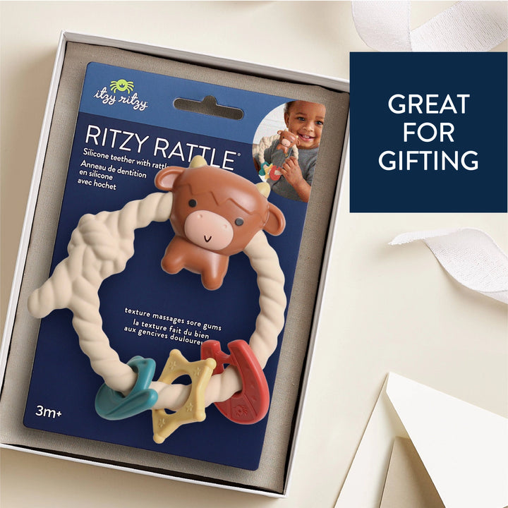 Hochet et anneau de dentition en silicone Ritzy Rattle™ - Vache Highland