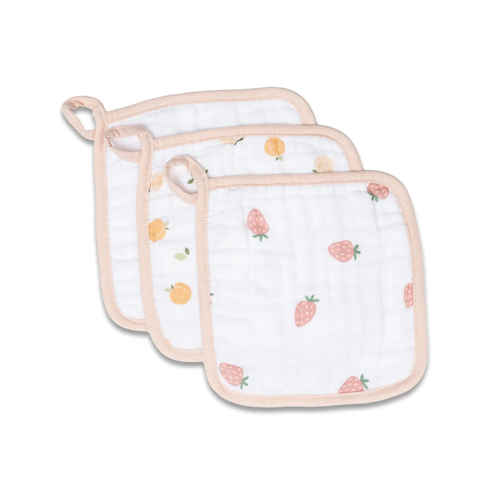 Lot de 3 débarbouillettes en mousseline - Pêches/Blanc/Fraises