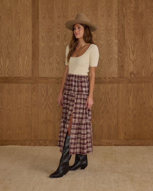 Jupe midi à volants - Burgundy Plaid (Femme)