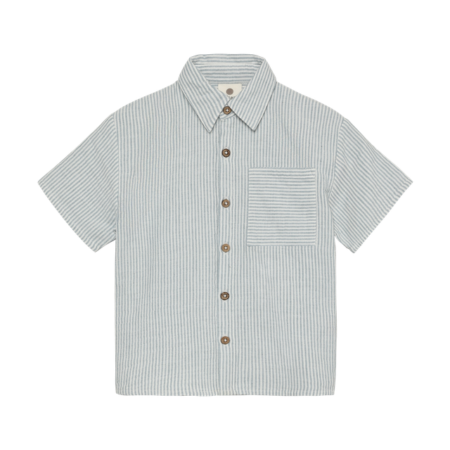 Short-sleeved chiffon shirt with fine blue stripes